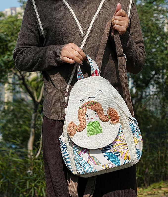 HUANGGUOSHU Women Cotton Woven Bohemian Hemp Boho Canvas Embroidery Multi Pocket Retro Cute Backpack Wallet Backpack Little girl and dog watch the sea