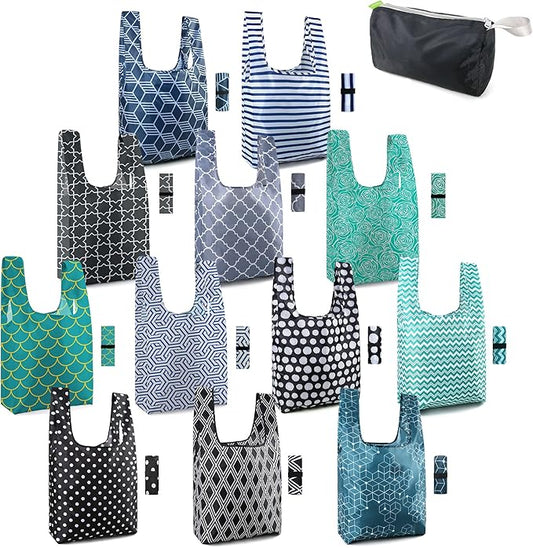BeeGreen Reusable Foldable Shopping Totes with Handles,12 Pack Heavy Duty Polyester Fabric Geometry Grocery Bags, Large Fashion Reusable Bags for Travel & Groceries, Washable Cloth Bag Bulk