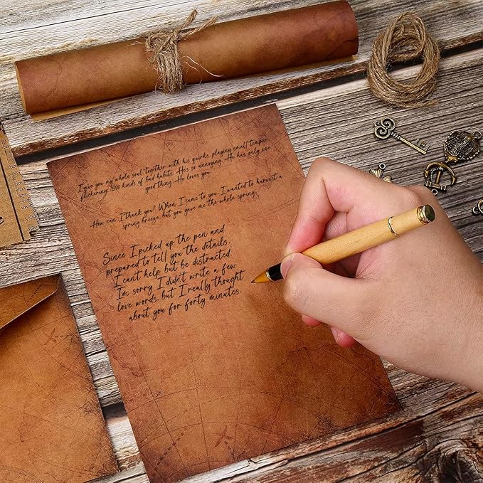 Vintage Stationery Paper and Envelopes Set,Writing Stationery Paper Letter and Envelopes including 24 Sheets Aged Antique Letter Paper, 12 Vintage Envelopes, 12 Rope & 12 Classic Key(60PCS, 6 Style)