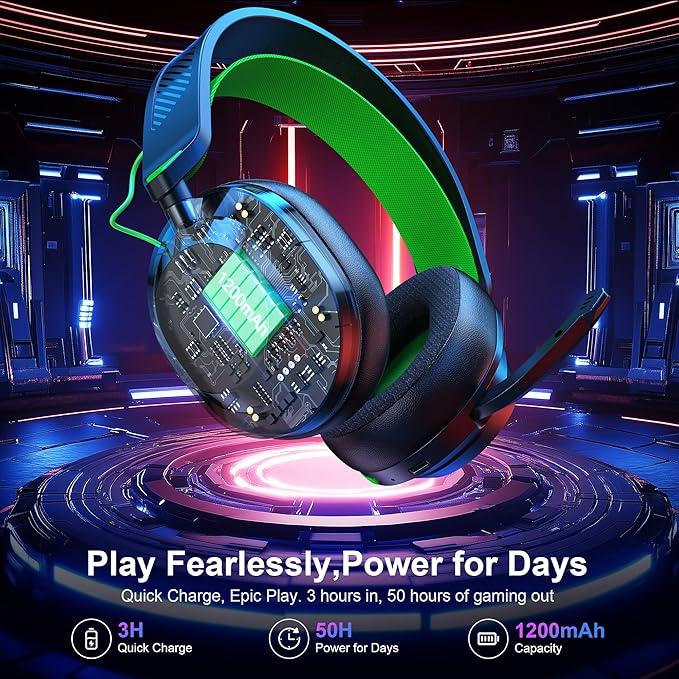 HW10 Wireless Gaming Headset for PS5,PS4,PC,2.4GHz Bluetooth Gaming Headphones with Noise Cancelling Microphone,50Hr Battery Gamer Headset for Switch, Laptop,Mobile,Mac,Cool RGB (Black/Green)