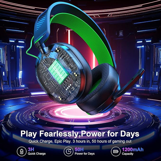 HW10 Wireless Gaming Headset for PS5,PS4,PC,2.4GHz Bluetooth Gaming Headphones with Noise Cancelling Microphone,50Hr Battery Gamer Headset for Switch, Laptop,Mobile,Mac,Cool RGB (Black/Green)