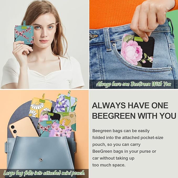 BeeGreen Floral Foldable Grocery Reusable Bags Large Shopping Tote for Groceries Cute Cloth Bags With Handles Gift Bag Groceries Tote -bag Bulk Polyester Heavy Duty Holiday