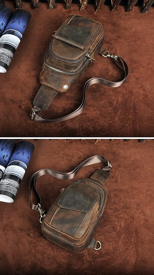 Le'aokuu Men Outdoor Casual Travel Hiking Tea Crossbody Chest Sling Bag Rig One Shoulder Strap Bag Backpack Men Leather