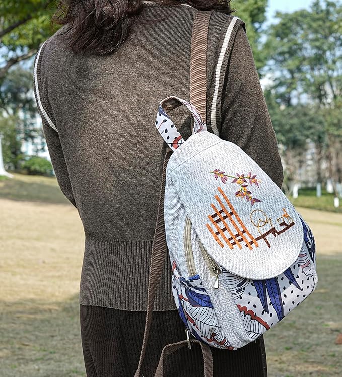 HUANGGUOSHU Women Cotton Woven Bohemian Hemp Boho Canvas Embroidery Multi Pocket Retro Cute Backpack Wallet Backpack Beans