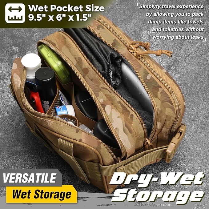 DBTAC Tactical Toiletry Bag w/Electronic Organizer Compartment | Dry/Wet Separate Hygiene Bag, Expanded Travel Dopp Kit Shaving Kit Travel shower Bag for Men (CP Camo)