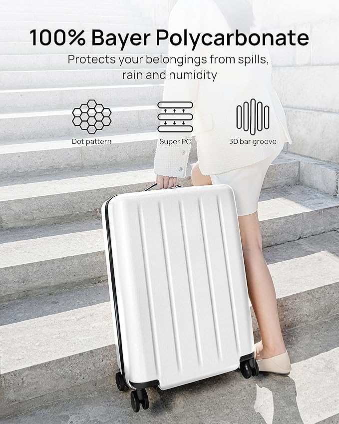NINETYGO Carry On Suitcase, 20 Inch Carry-On Luggage with Double Spinner Wheels, Dry Wet Separate, PC Hard Case Suitcase, Lightweight Travel Luggage, TSA Approved (Solid White, Danube)