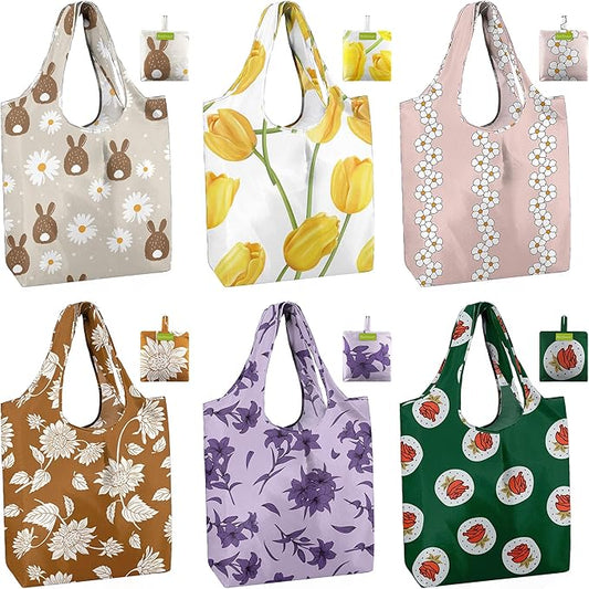 BeeGreen Reusable Grocery Bags 6 Pack, Heavy Duty Totes for Women, Foldable Grocery Bag Large Shopping Totes with Handles for Work, Travel, Gift, Store, Polyester Washable Reusable Tote Bag