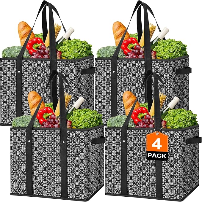 WISELIFE Reusable Grocery Bags [4 Pack],Large Grocery Tote Bag Water Resistant Shopping Bags Foldable Grocery Bag for Clothes,Shoes and Picnic,Black