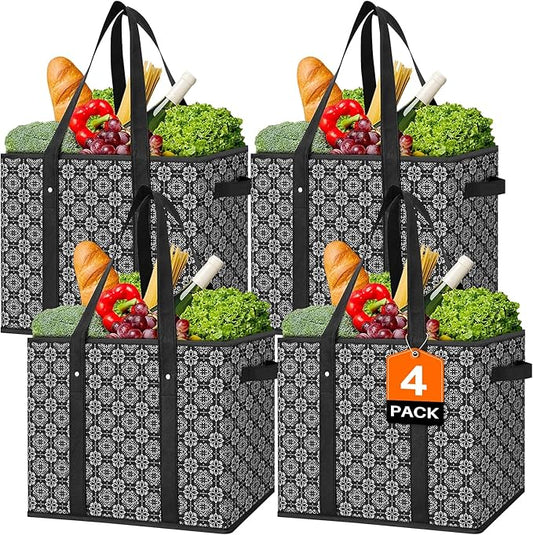 WISELIFE Reusable Grocery Bags [4 Pack],Large Grocery Tote Bag Water Resistant Shopping Bags Foldable Grocery Bag for Clothes,Shoes and Picnic,Black