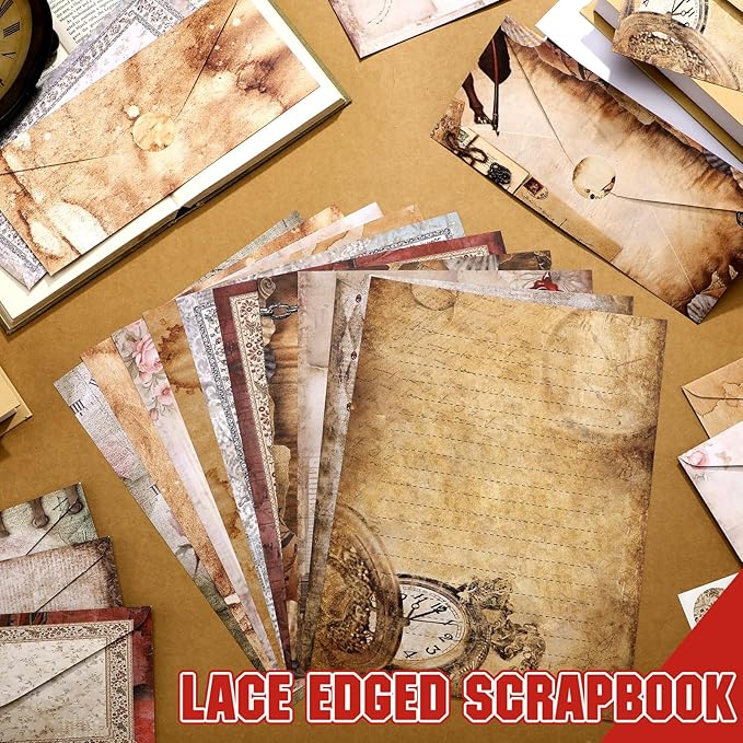 TaoBary 160 Pcs Stationery Paper Set 50 Double Sided Stationery Papers with 50 Matching Envelopes and 60 Round Dot Sticker, 10 Design(Lace Edged Scrapbook,8.5 x 11 Inch)
