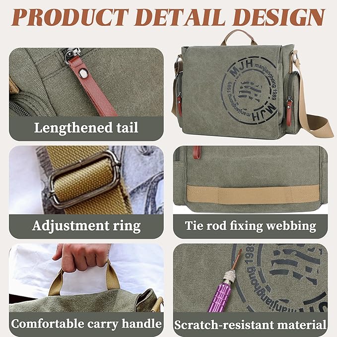 FSD.WG Satchel Messenger Bag for Men Canvas,Travel Shoulder bag 13.5" Laptop Bags