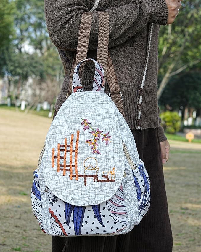 HUANGGUOSHU Women Cotton Woven Bohemian Hemp Boho Canvas Embroidery Multi Pocket Retro Cute Backpack Wallet Backpack Beans