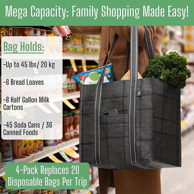 VENO 4 Pack Reusable Grocery Bags with Hard Bottom, Heavy-Duty Shopping Bags for Shopping Cart (Windowpane, 4 Pack)