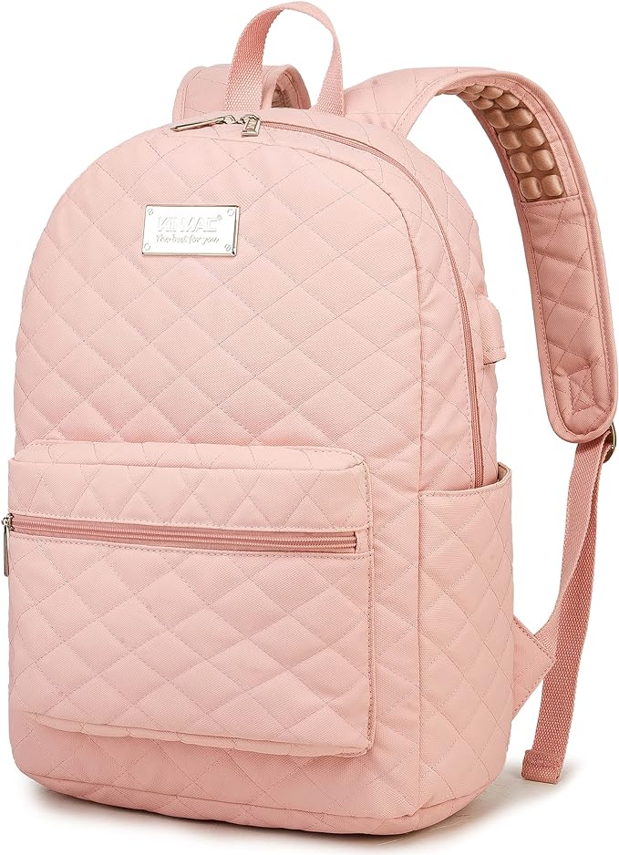 Kinmac Laptop Backpack with Massage Cushion Straps and USB Charging Port for Laptop Up to 15.6 Inch Men Women Travel Outdoor Backpack (Pink)