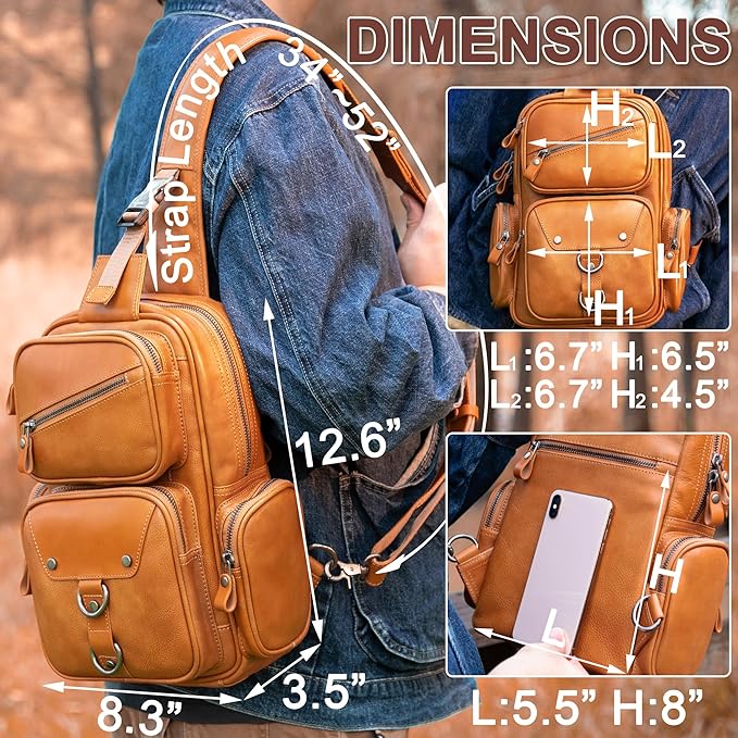 Genuine Leather Sling Bag for Men Large Crossbody Shoulder Bag Casual Sling Backpack Anti-Theft Travel Chest Purse