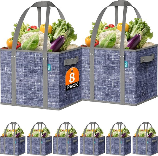 Fab totes Reusable Grocery Bags, Large Foldable Shopping Tote Bags with Reinforced Handles & Hard Bottom,Water Resistant Grocery Bags for kitchen,Picnic,8 Pack,Blue