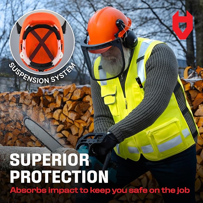 NoCry 6-in-1 Industrial Chainsaw Helmet with Face Shield and Ear Muffs — Mesh & Clear Plastic Visors Included — ANSI Z89.1 Certified — Adjustable Headgear — Ideal for Forestry and Arborist Work