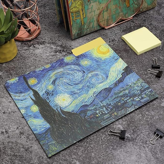 The Gifted Stationery File Folders - 12 Pack, Letter Size, Multicolor Van Gogh Floral with 1/3 Cut Tabs - Decorative File Folders for Office Supplies for Document Organization