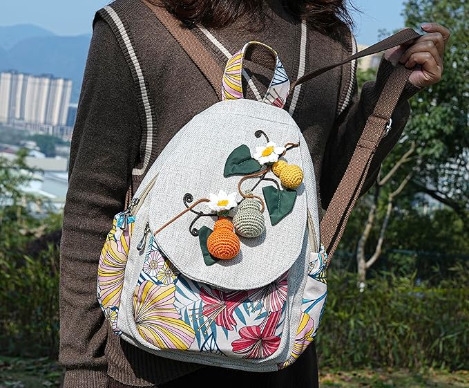 HUANGGUOSHU Women Cotton Woven Bohemian Hemp Boho Canvas Embroidery Multi Pocket Retro Cute Backpack Wallet Backpack（Avocado）