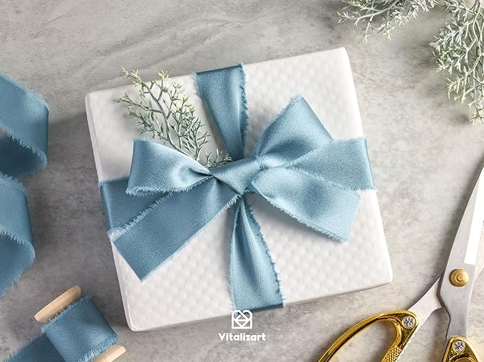 Vitalizart Blue Ribbon 1 inch Silk Satin Ribbon 15 Yard Dusty Blue Handmade Frayed Ribbons for Gift Wrapping Baby Shower Wedding Bridal Bouquets Holiday Decor