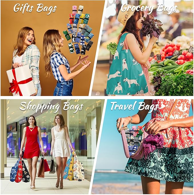 BeeGreen Reusable Grocery Bags Bulk Gifts 12-Pack - Large Tote with Zipper Pouch | Foldable & Washable Polyester Shopping Bags Heavy Duty Animal Lover Gifts Reusable Bag With Handles