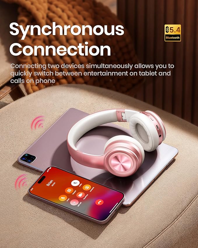 Picun Solo6 Wireless Bluetooth Headphones, 5EQ Music Mode, On-Ear Headphone with Built-in Microphone, Foldable Headset with 140H Battery Life, App Control for Girls, Home, School, Travel (Rose Gold)