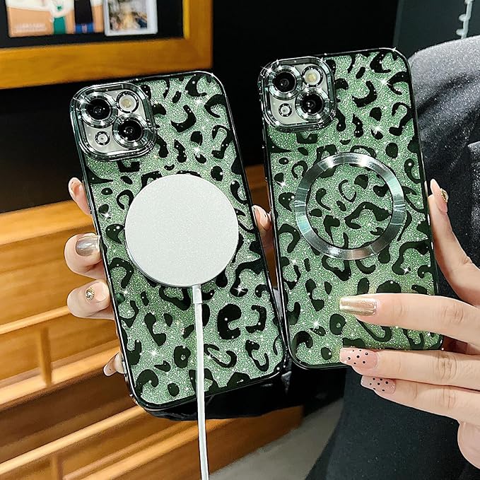 for iPhone 15 Case Magnetic,Soft Cute Luxury Leopard Cheetah Pattern Plating Glitter Bling Phone Case Compatible with MagSafe Clear Shockproof Back Cover for Women Girl 6.1"-Green