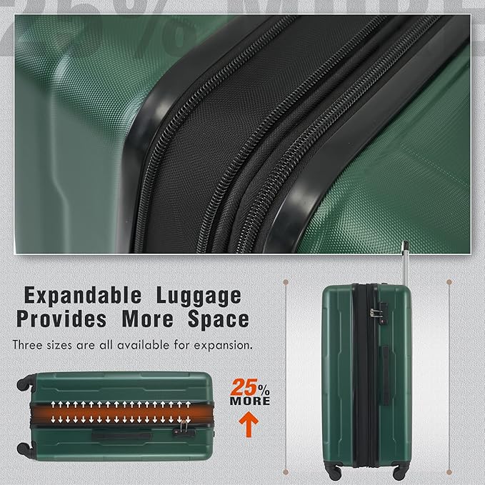 Merax Luggage Set 2 Piece Suitcase Sets with Spinner Wheel,Lightweight Hardside Expandable Travel Laggage with TSA Lock,Suitcase with Travel Bag(20"/28",Green)