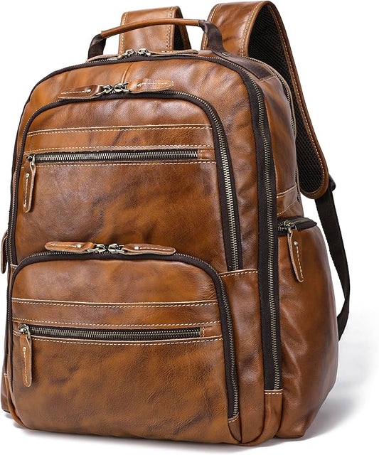 Vintage Full Grain Leather Backpack For Men, 17.3'' Laptop Bag Causal Rucksack Shoulder Bag Overnight For Business/Travel/Camping