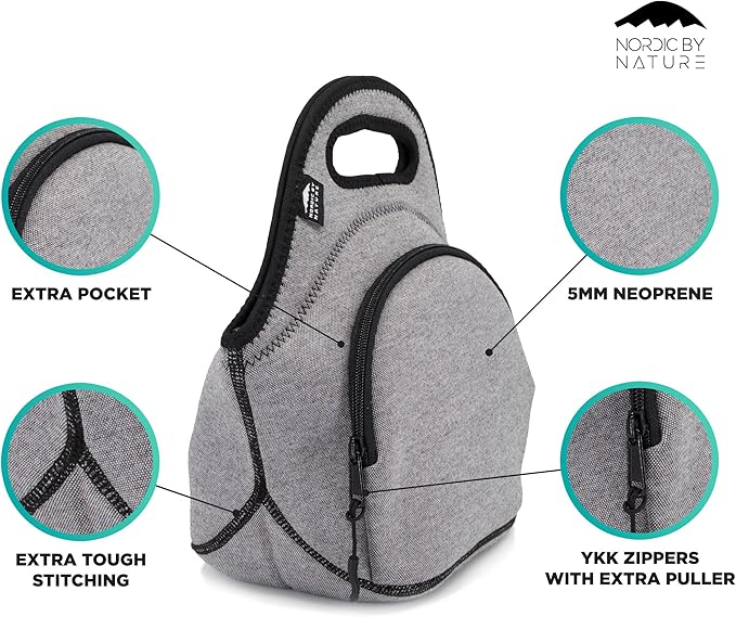 Nordic By Nature Neoprene Lunch Bag for Women & Lunch tote for Kids Insulated Lunch bag Reusable Washable Extra Thick Neoprene & Soft Cotton Feel, Premium Stitching, Outside Pocket, (M) Grey/Black