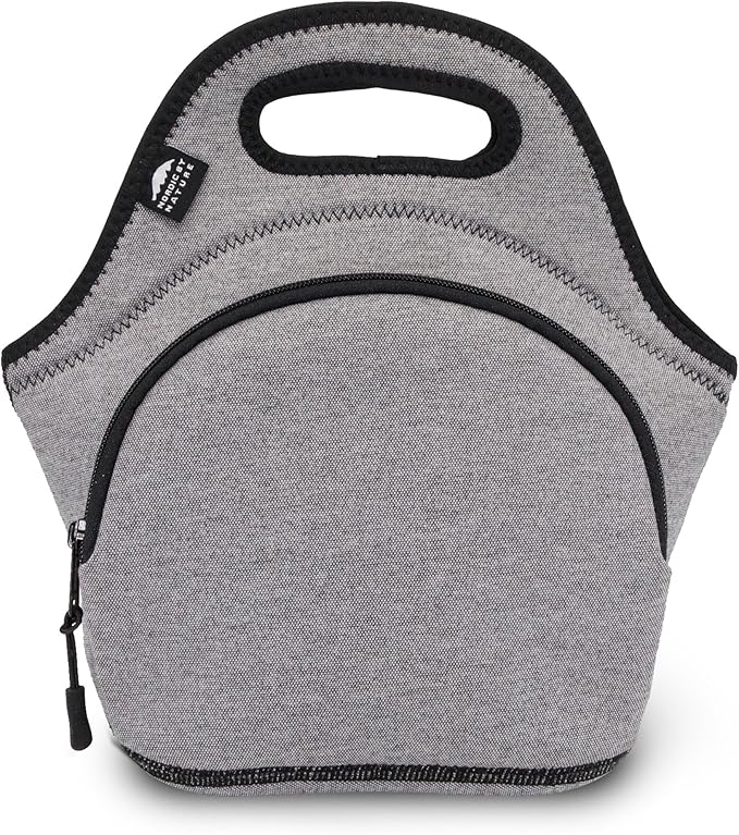 Nordic By Nature Neoprene Lunch Bag for Women & Lunch tote for Kids Insulated Lunch bag Reusable Washable Extra Thick Neoprene & Soft Cotton Feel, Premium Stitching, Outside Pocket, (M) Grey/Black