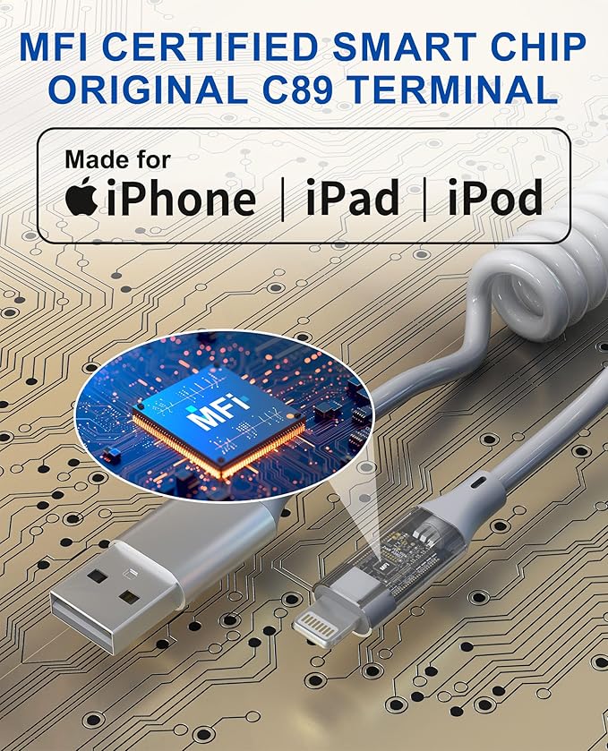 Coiled Lightning Cable for Car - 2 Pack 4ft MFi Certified Retractable iPhone Charger Cord, Short Curly Apple CarPlay Cable for iPhone 14/13/12/11/Pro/Pro Max/X/XR/XS/8, White
