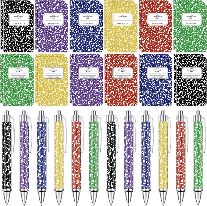 48 Pack Bulk Mini Composition Notebook with 24 Pack Assorted Colors Ballpoint Pens Set, 3.1x4.9 inch Hard Cover,16 Sheets Per Comp Book Marble Composition Notebook for School College & Office Supplies