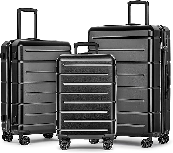 KYME Luggage Sets 3 Piece Hard Shell 22in/26in/30in Suitcases with Wheels Hardside Suitcase Set with TSA Lock Travel Rolling Luggage Set for Women Men Black