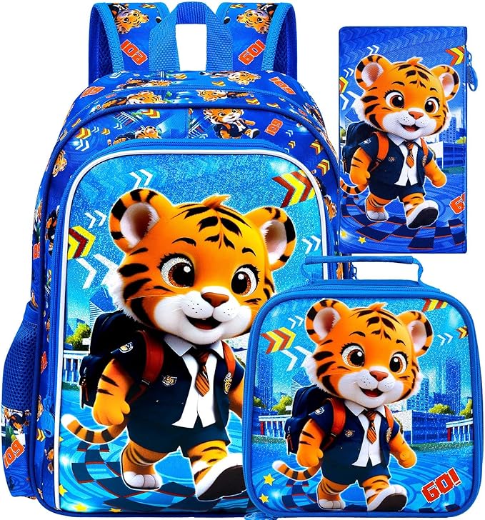 CCJPX 16" Kids Backpack for Boys, 3PCS Tiger Water Resistant Preschool Bookbags, Cool Kindergarten School Backpacks and Lunch Box