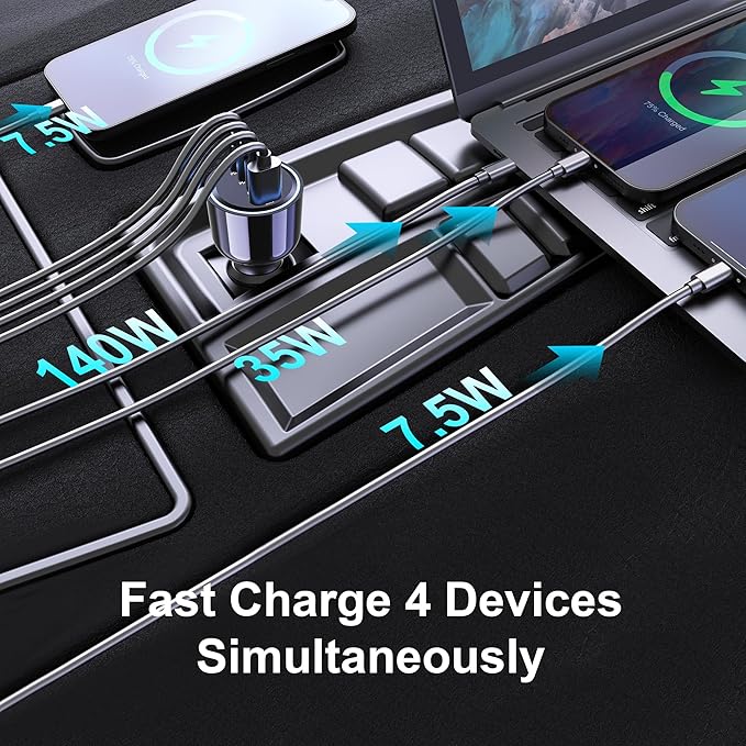 URVNS 240W USB C Car Charger, Super Fast Charging 4-Ports PD3.1 140W/PD3.0 100W PPS 45W QC65W Type-C Car Adapter for MacBook Pro Laptop iPhone 16 15 Max iPad Samsung Galaxy S24/23 Pixel etc