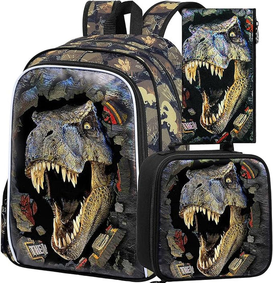 16" Boys Backpack, Dinosaur Kids Bookbag with Lunch Box, 3Pcs Dino School Backpacks for Elementary Preschool Kindergarten (Black)