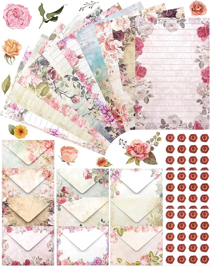 160 Pcs Stationery Paper Set Including 50 Matching Envelopes 50 One Sided Stationery Writing Papers 60 Round Dot Sticker for School Office Supplies,10 Design, 5.5 x 8.25 Inch(Vintage Floral)