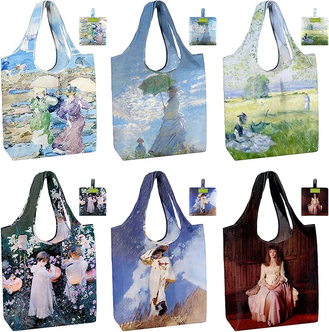 BeeGreen Oil Painting Reusable Grocery Bags 6 Pack, Heavy Duty Totes for Women, Foldable Grocery Bag Large Shopping Totes with Handles for Work, Travel, Gift, Polyester Washable Reusable Tote Bag