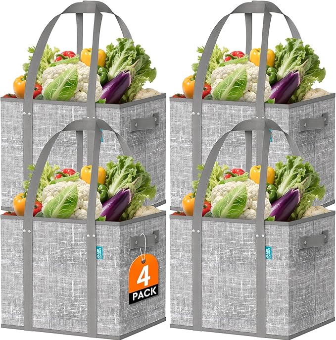 Fab totes Reusable Grocery Bags, Large Foldable Shopping Tote Bags with Reinforced Handles & Hard Bottom,Water Resistant Grocery Bags for kitchen,Picnic,4 Pack, Grey
