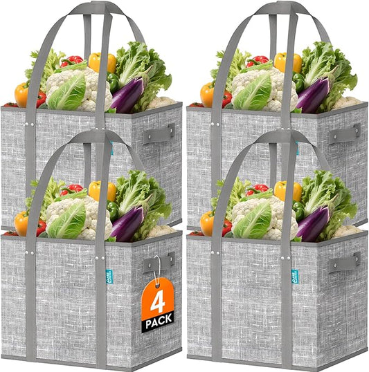 Fab totes Reusable Grocery Bags, Large Foldable Shopping Tote Bags with Reinforced Handles & Hard Bottom,Water Resistant Grocery Bags for kitchen,Picnic,4 Pack, Grey