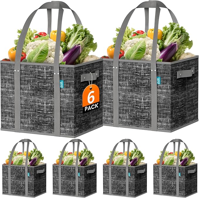 Fab totes Reusable Grocery Bags, Large Foldable Shopping Tote Bags with Reinforced Handles & Hard Bottom,Water Resistant Grocery Bags for kitchen,Picnic,6 Pack, Black
