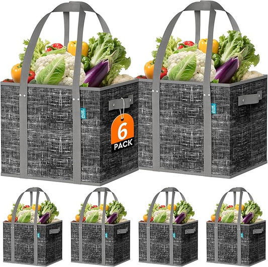 Fab totes Reusable Grocery Bags, Large Foldable Shopping Tote Bags with Reinforced Handles & Hard Bottom,Water Resistant Grocery Bags for kitchen,Picnic,6 Pack, Black