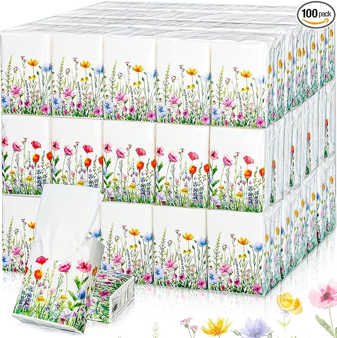 Therwen 100 Pack Pocket Tissues Travel Packs Bulk 1000 Sheet Mini Tissues Bulk 3 Ply Small Travel Size Paper Individual Pocket Size (Wildflowers)