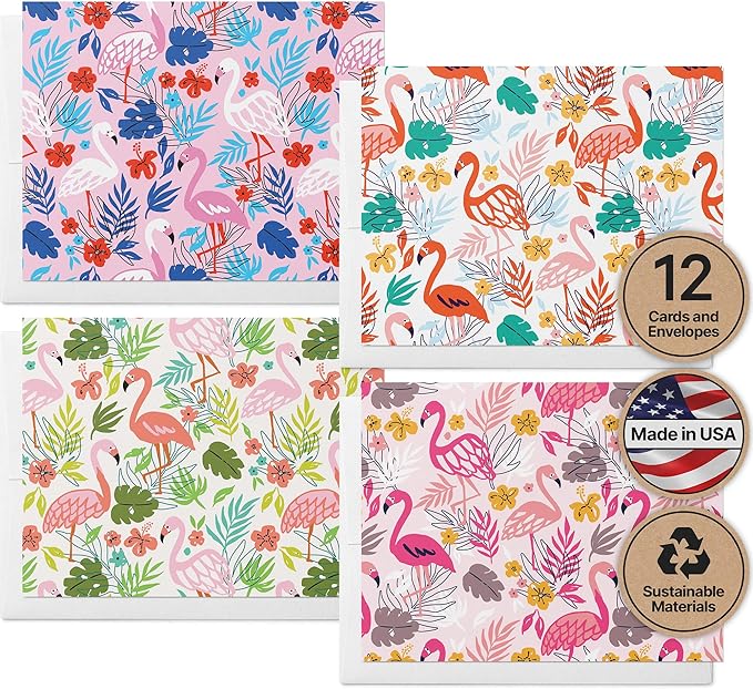 Twigs Paper - Assorted Flamingo Pattern Greeting Cards - Stationery Cards with Envelopes - Thank You Card - Blank Note Cards - Greeting Cards for All Occasions - Made in USA (5.5 x 4.25, Set of 12)