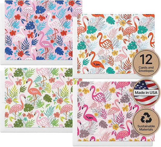 Twigs Paper - Assorted Flamingo Pattern Greeting Cards - Stationery Cards with Envelopes - Thank You Card - Blank Note Cards - Greeting Cards for All Occasions - Made in USA (5.5 x 4.25, Set of 12)