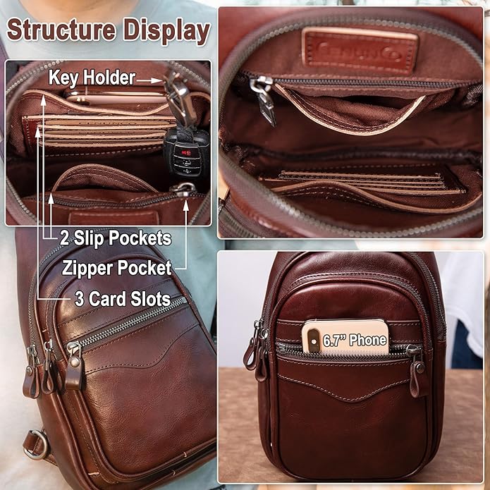 Genuine Leather Sling Bag for Men and Women Crossbody Shoulder Bag Sling Backpack Chest Purse Carry on Casual Daypack