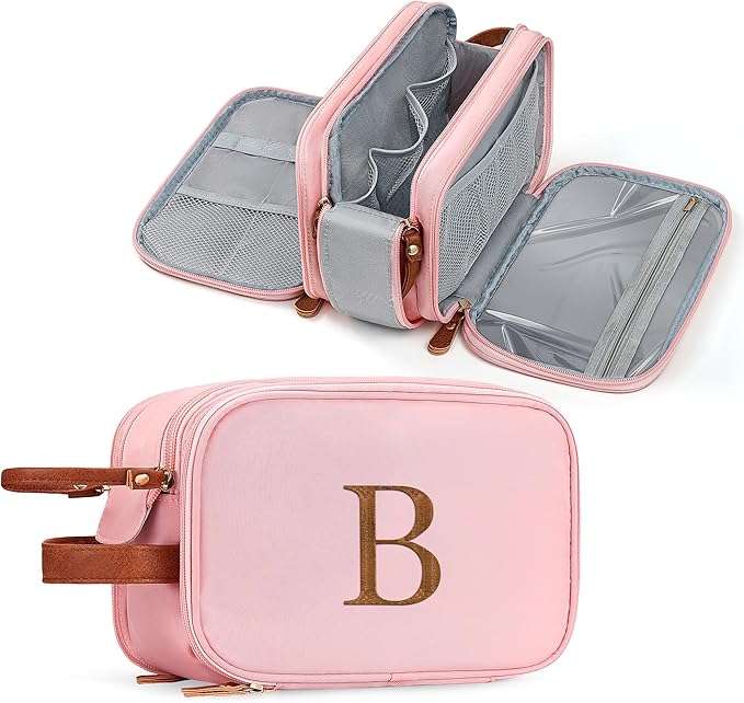 YOOLIFE Travel Toiletry Bag - Birthday Gifts for Women Pink Makeup Bag Dopp Kit Travel Essentials for Women, Mom Sister Friend Birthday Gifts for Her Cosmetic Bags Letter B Pink