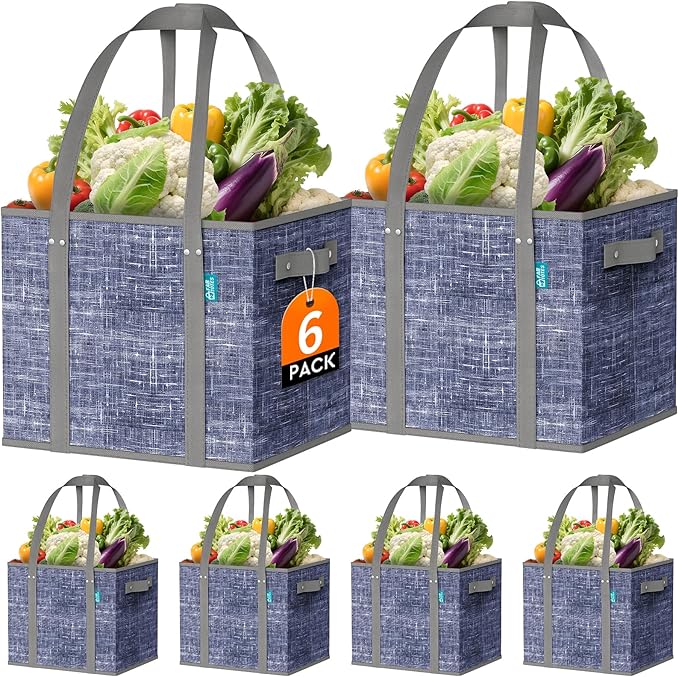 Fab totes Reusable Grocery Bags, Large Foldable Shopping Tote Bags with Reinforced Handles & Hard Bottom, Heavy Duty Water Resistant Shopping Grocery Bags for kitchen,Picnic,6 Pack,Blue