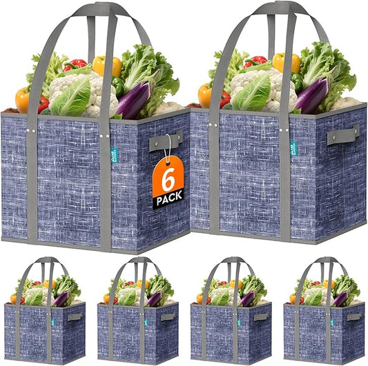 Fab totes Reusable Grocery Bags, Large Foldable Shopping Tote Bags with Reinforced Handles & Hard Bottom, Heavy Duty Water Resistant Shopping Grocery Bags for kitchen,Picnic,6 Pack,Blue